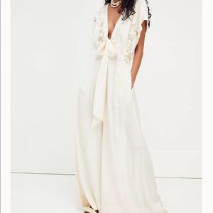Free people bridal white silky embroidered flower jumpsuit in size large